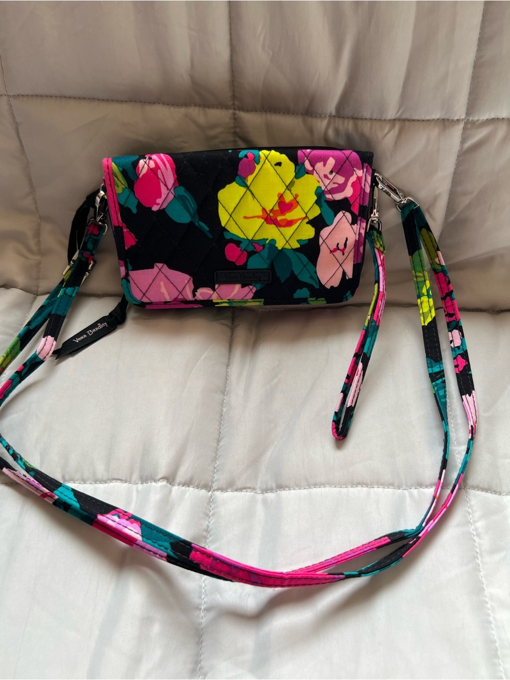 Vera Bradley Black Quilted Crossbody Wallet with Neon Floral Print